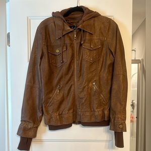 NWT! Vegan leather brown jacket with removable hoodie. Size M